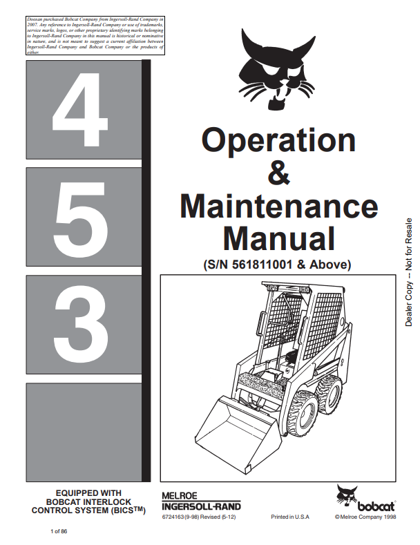BOBCAT 453 LOADER OPERATION AND MAINTENANCE MANUAL 6724163 PDF