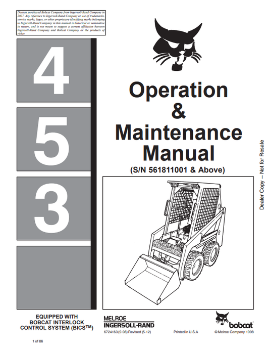BOBCAT 453 LOADER OPERATION AND MAINTENANCE MANUAL 6724163 PDF