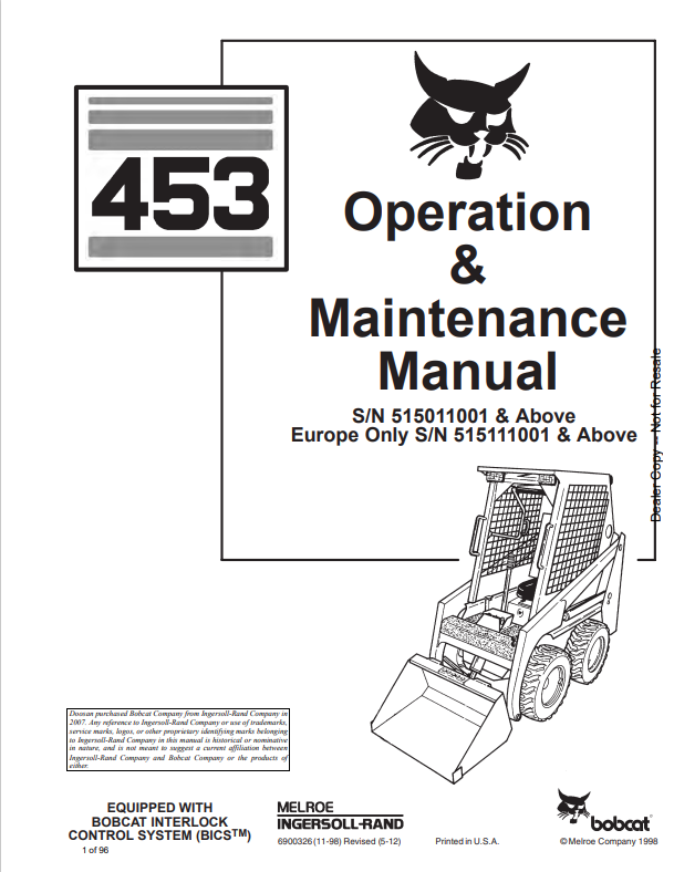 BOBCAT 453 LOADER OPERATION AND MAINTENANCE MANUAL 6900326 PDF