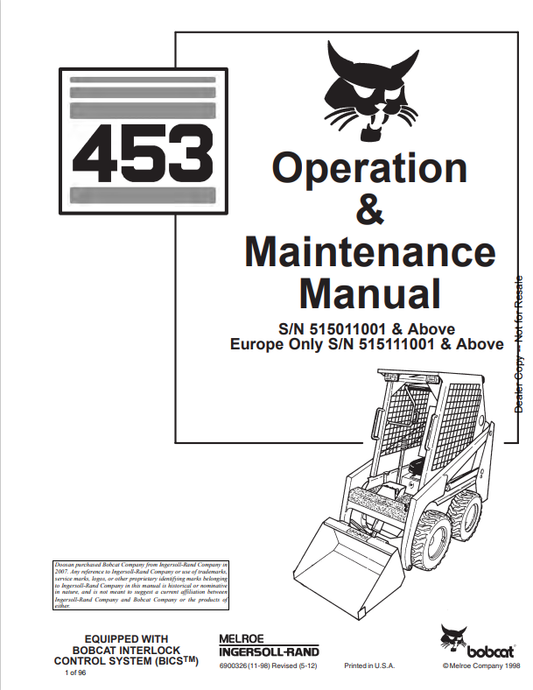 BOBCAT 453 LOADER OPERATION AND MAINTENANCE MANUAL 6900326 PDF