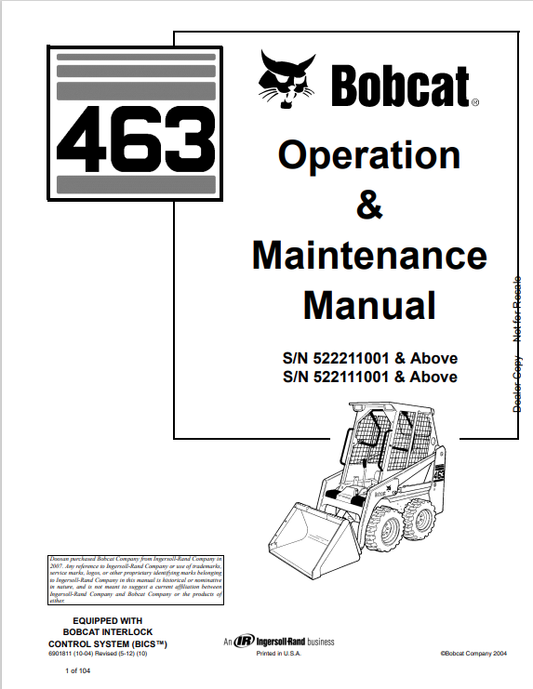 BOBCAT 463 LOADER OPERATION AND MAINTENANCE MANUAL 6901811 PDF