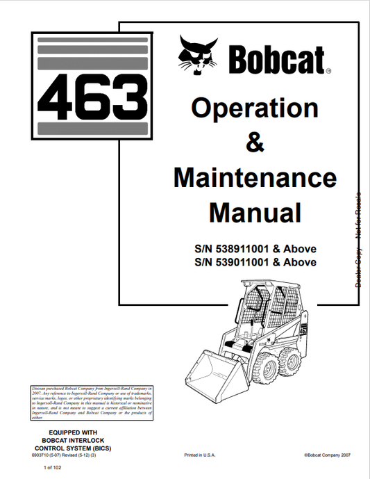 BOBCAT 463 LOADER OPERATION AND MAINTENANCE MANUAL 6903710 PDF