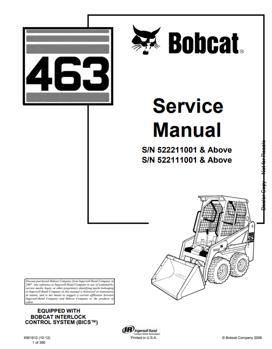 BOBCAT 463 LOADER SERVICE MANUAL 6901812 PDF