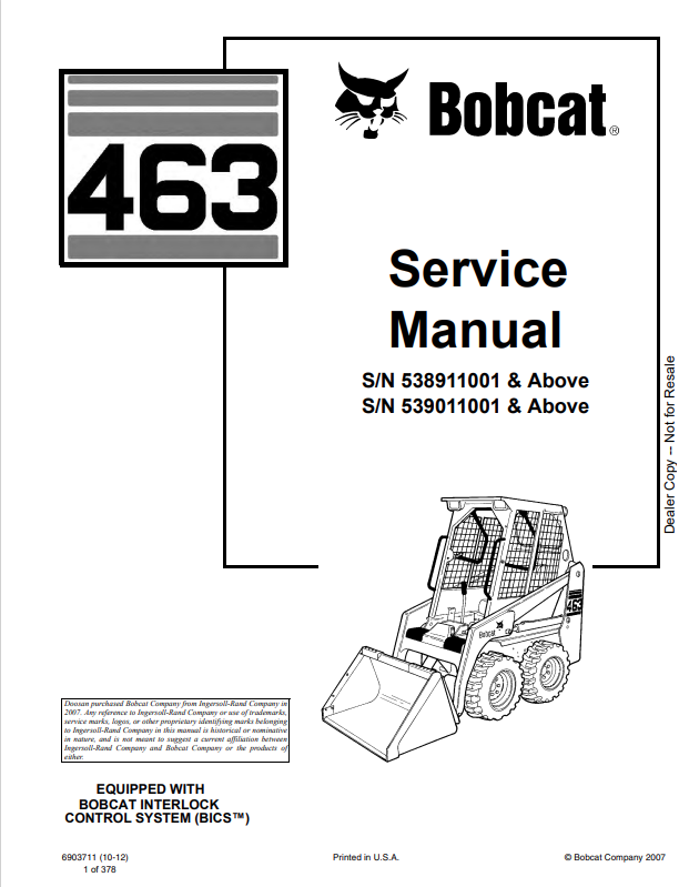 BOBCAT 463 LOADER SERVICE MANUAL 6903711 PDF