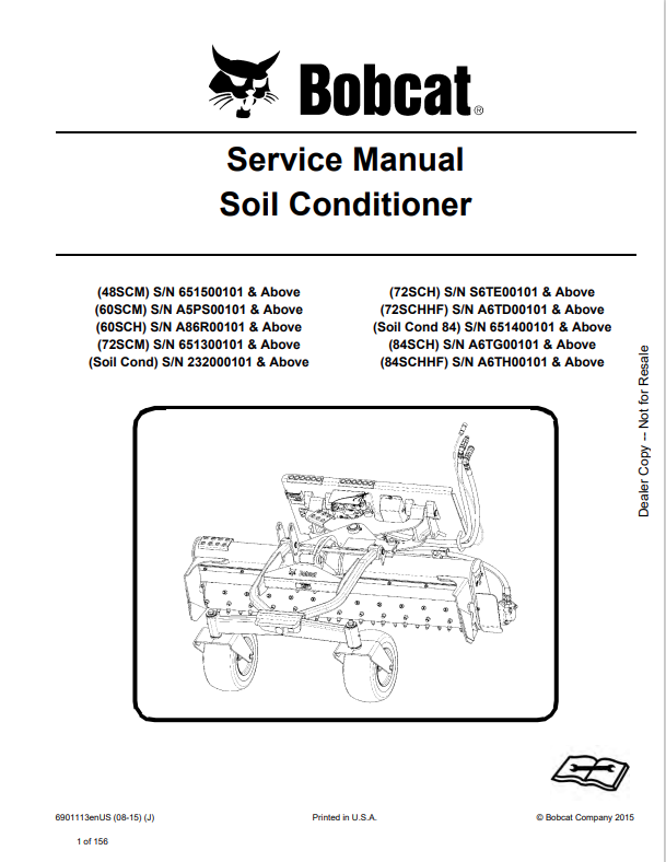BOBCAT 48SCM, 60SCM, 60SCH, 72SCM SOIL CONDITIONER SERVICE MANUAL 6901113 PDF