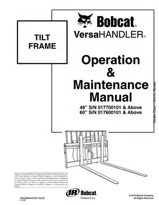 BOBCAT 48, 60 TILT-FRAME VERSA HANDLER OPERATION AND MAINTENANCE MANUAL 6901658 PDF