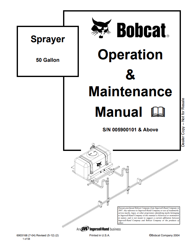 BOBCAT 50 GALLON SPRAYER OPERATION AND MAINTENANCE MANUAL 6903168 PDF