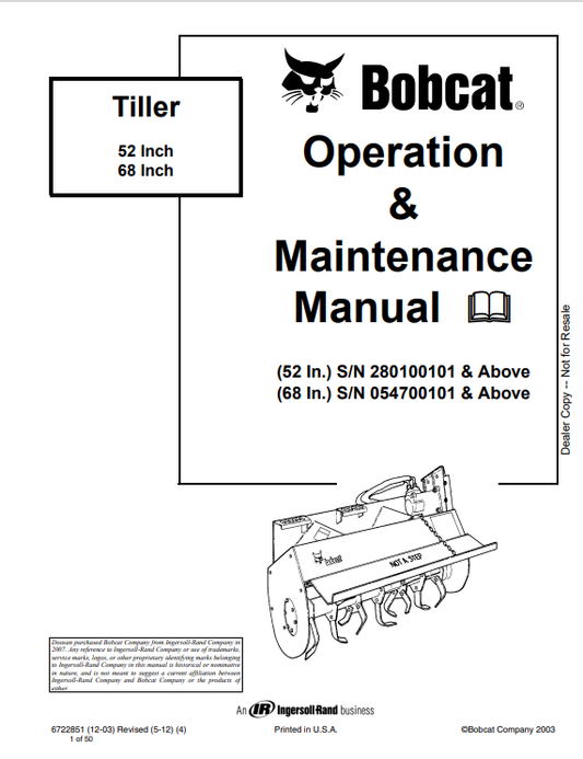 BOBCAT 52, 68 INCH TILLER OPERATION AND MAINTENANCE MANUAL 6722851 PDF