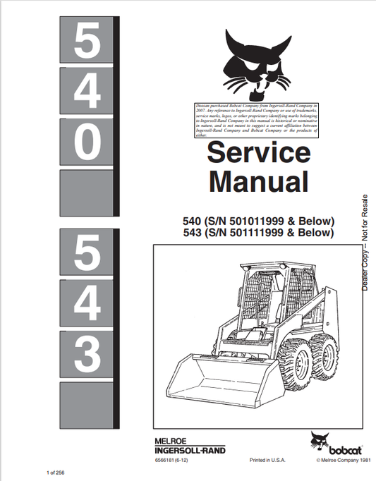 BOBCAT 540, 543 LOADER SERVICE MANUAL 6566181 PDF