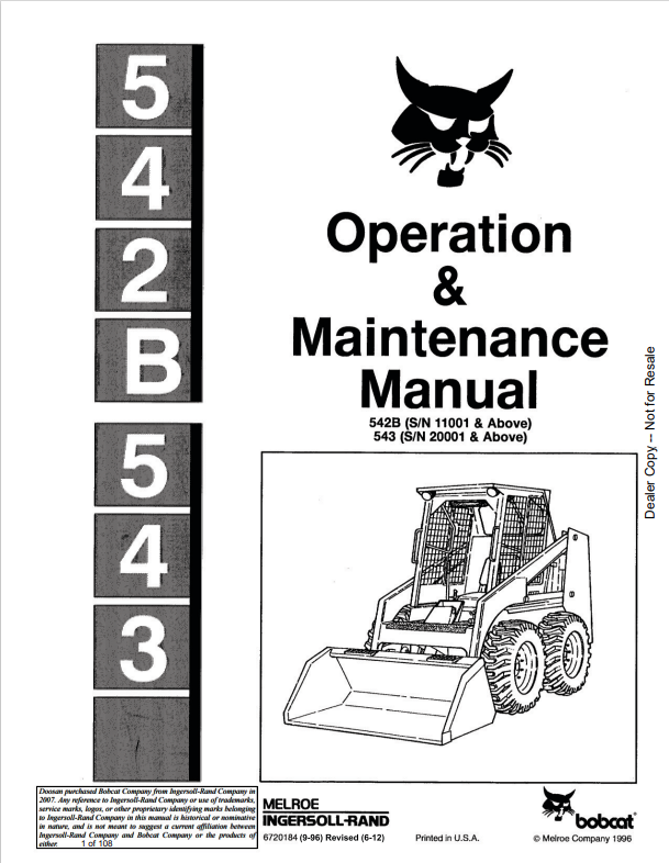 BOBCAT 542B, 543 LOADER OPERATION AND MAINTENANCE MANUAL 6720184 PDF