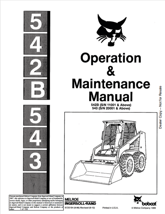 BOBCAT 542B, 543 LOADER OPERATION AND MAINTENANCE MANUAL 6720184 PDF