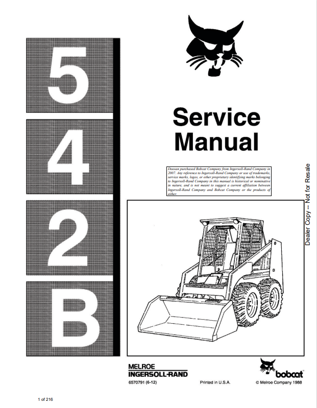 BOBCAT 542B LOADER SERVICE MANUAL 6570791 PDF