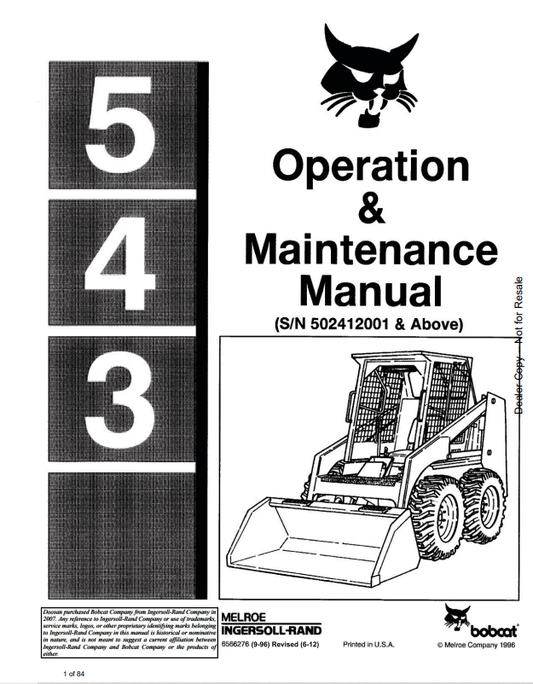 BOBCAT 543 LOADER OPERATION AND MAINTENANCE MANUAL 6566276 PDF