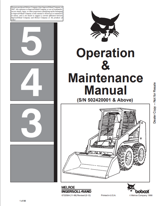 BOBCAT 543 LOADER OPERATION AND MAINTENANCE MANUAL 6722584 PDF