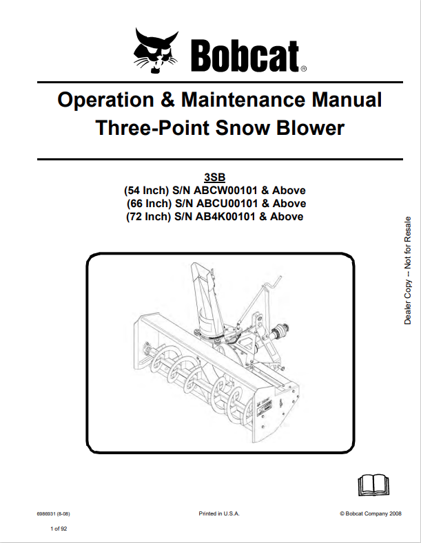 BOBCAT 54, 66, 72 THREE-POINT SNOWBLOWER OPERATION AND MAINTENANCE MANUAL 6986931 PDF