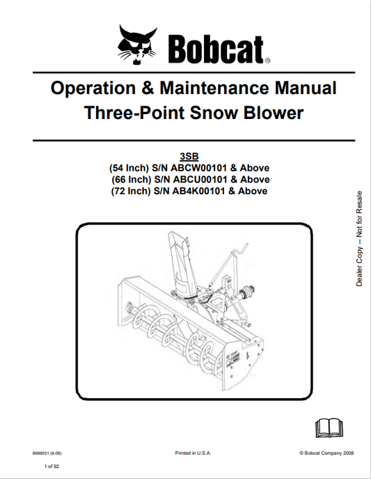 BOBCAT 54, 66, 72 THREE-POINT SNOWBLOWER OPERATION AND MAINTENANCE MANUAL 6986931 PDF