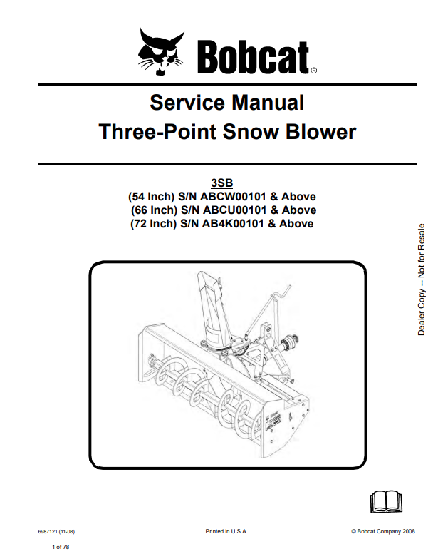 BOBCAT 54, 66, 72 THREE-POINT SNOWBLOWER SERVICE MANUAL 6989506 PDF
