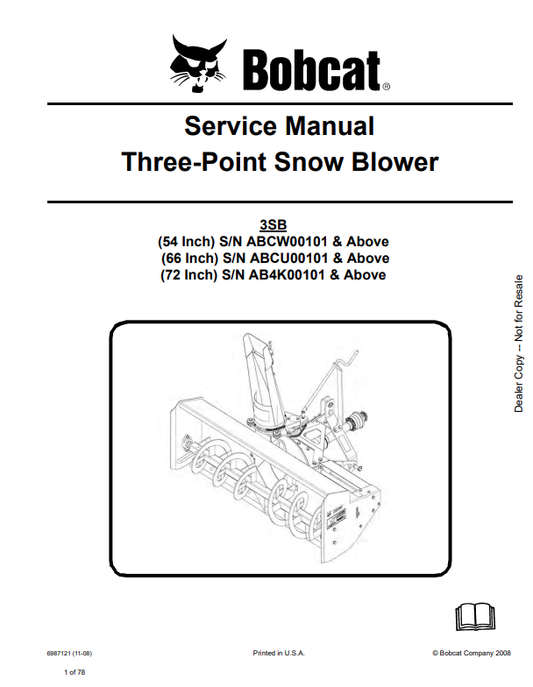 BOBCAT 54, 66, 72 THREE-POINT SNOWBLOWER SERVICE MANUAL 6989506 PDF