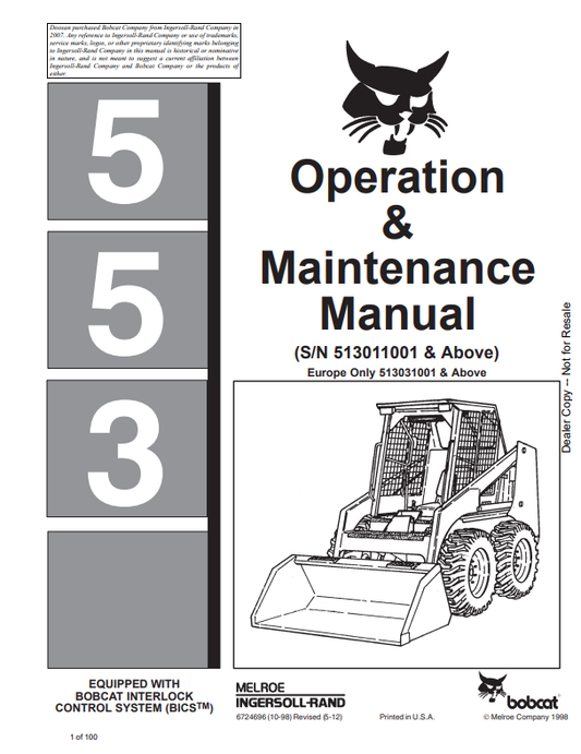BOBCAT 553 LOADER OPERATION AND MAINTENANCE MANUAL 6724696 PDF