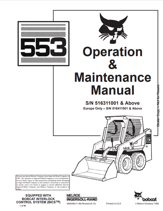 BOBCAT 553 LOADER OPERATION AND MAINTENANCE MANUAL 6900385 PDF