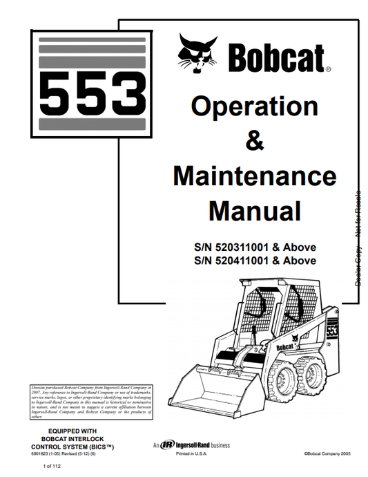 BOBCAT 553 LOADER OPERATION AND MAINTENANCE MANUAL 6901823 PDF