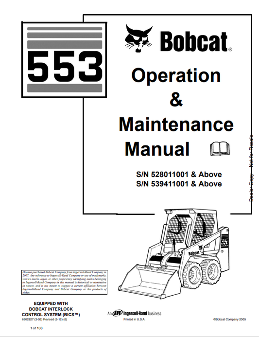 BOBCAT 553 LOADER OPERATION AND MAINTENANCE MANUAL 6902827 PDF