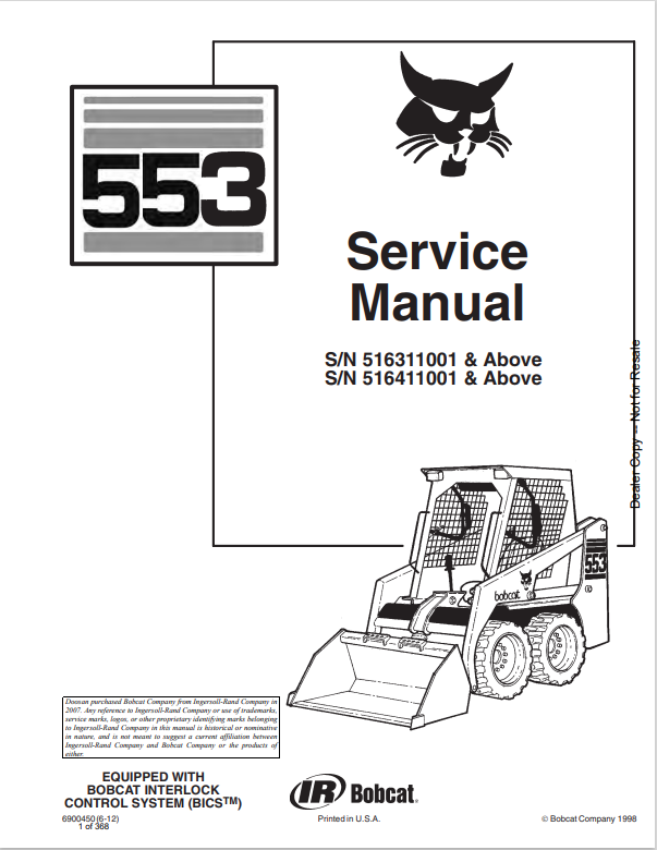 BOBCAT 553 LOADER SERVICE MANUAL 6900450 PDF