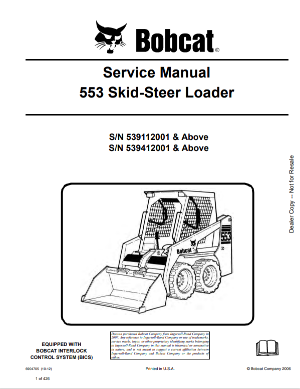 BOBCAT 553 SKID STEER LOADER SERVICE MANUAL 6904705 PDF
