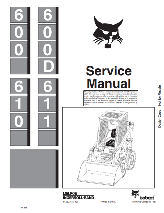BOBCAT 600, 600D, 610, 611 LOADER SERVICE MANUAL 6556276 PDF
