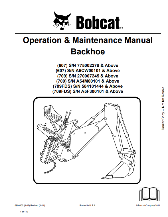 BOBCAT 607, 709, 709FDS BACKHOE OPERATION AND MAINTENANCE MANUAL 6900405 PDF