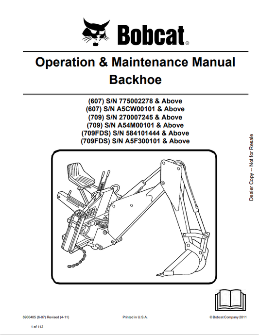 BOBCAT 607, 709, 709FDS BACKHOE OPERATION AND MAINTENANCE MANUAL 6900405 PDF