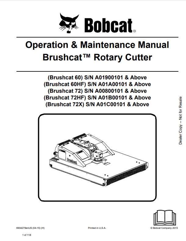 BOBCAT 60, 60HF, 72, 72HF, 72X ROTARY CUTTER OPERATION AND MAINTENANCE MANUAL 6904279 PDF