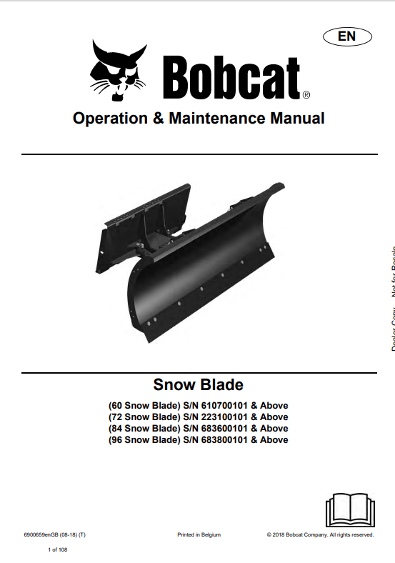 BOBCAT 60, 72, 84, 92 SNOW BLADE OPERATION AND MAINTENANCE MANUAL 6900659 PDF