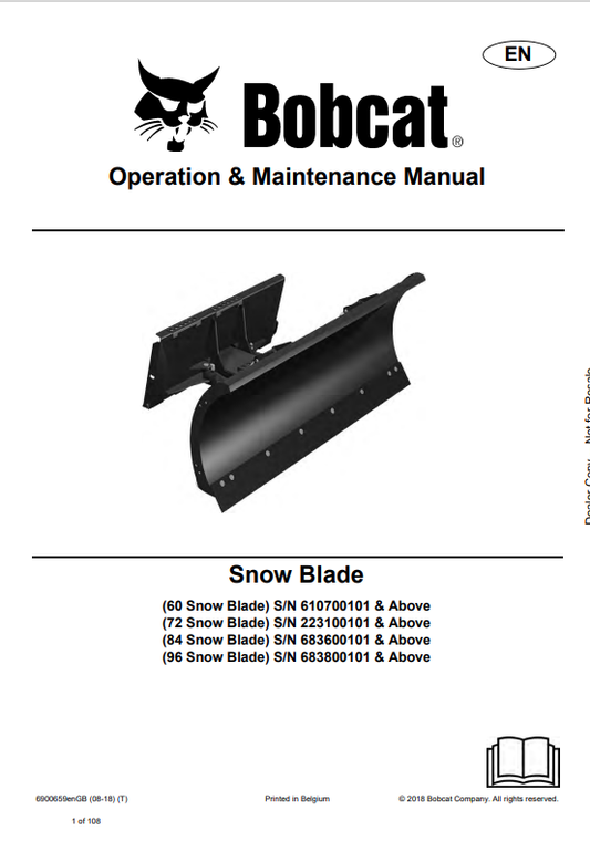 BOBCAT 60, 72, 84, 92 SNOW BLADE OPERATION AND MAINTENANCE MANUAL 6900659 PDF