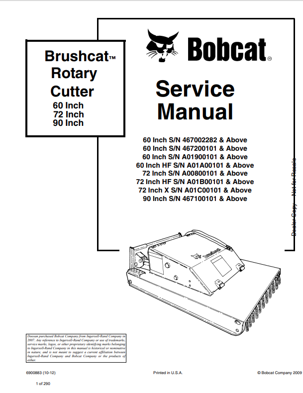 BOBCAT 60, 72, 90 BRUSHCAT ROTARY CUTTER SERVICE MANUAL 6900883 PDF