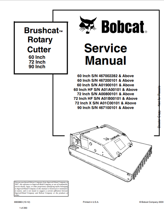 BOBCAT 60, 72, 90 BRUSHCAT ROTARY CUTTER SERVICE MANUAL 6900883 PDF