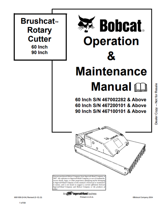 BOBCAT 60, 90 BRUSHCAT ROTARY CUTTER OPERATION AND MAINTENANCE MANUAL 6901939 PDF