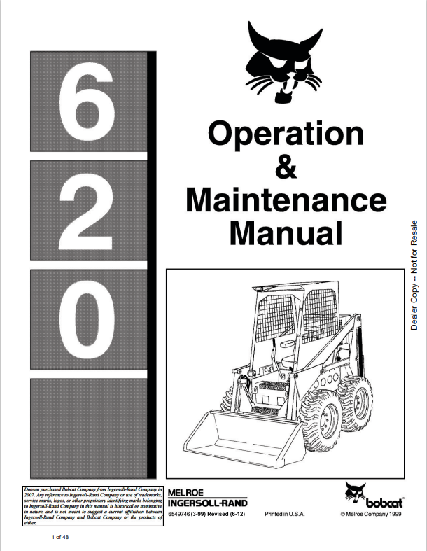 BOBCAT 620 LOADER OPERATION AND MAINTENANCE MANUAL 6549746 PDF