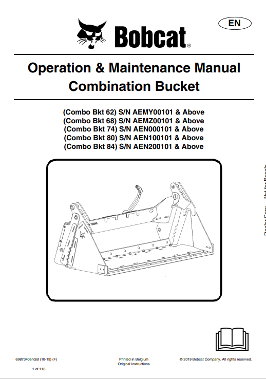BOBCAT 62, 68, 74, 80, 84 COMBINATION BUCKET OPERATION AND MAINTENANCE MANUAL 6987340 PDF