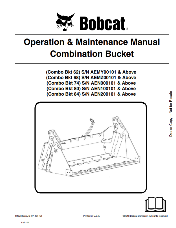 BOBCAT 62, 68, 74, 80, 84 COMBINATION BUCKET OPERATION AND MAINTENANCE MANUAL 6987340 PDF