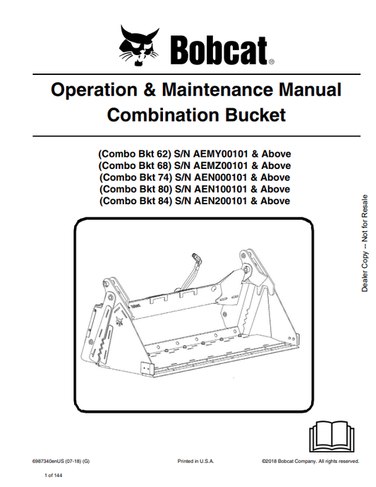 BOBCAT 62, 68, 74, 80, 84 COMBINATION BUCKET OPERATION AND MAINTENANCE MANUAL 6987340 PDF