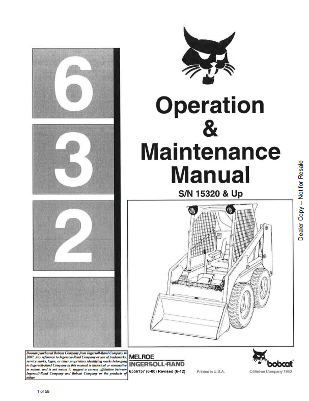 BOBCAT 632 LOADER OPERATION AND MAINTENANCE MANUAL 6556157 PDF