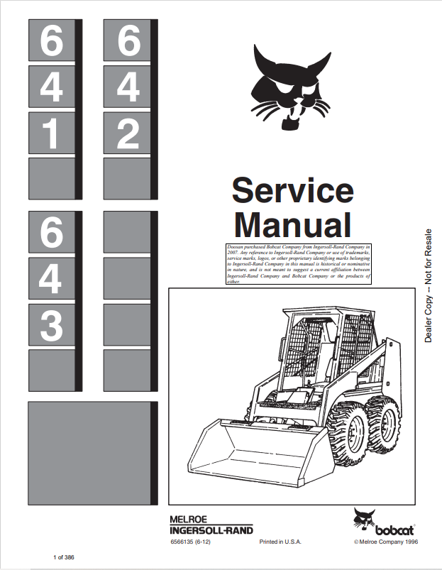 BOBCAT 641, 642, 643 LOADER SERVICE MANUAL 6566135 PDF