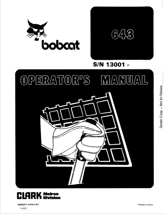 BOBCAT 643 LOADER OPERATOR MANUAL 6566557 PDF