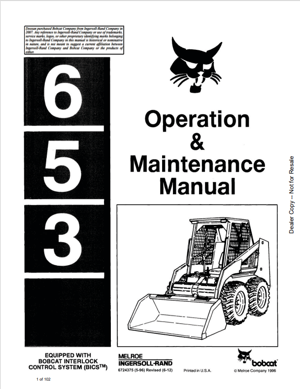 BOBCAT 653 LOADER OPERATION AND MAINTENANCE MANUAL 6724375 PDF