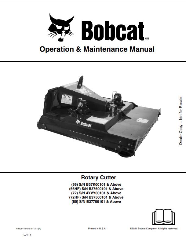 BOBCAT 66, 66HF, 72, 72HF, 80 ROTARY CUTTER OPERATION AND MAINTENANCE MANUAL 6990844 PDF