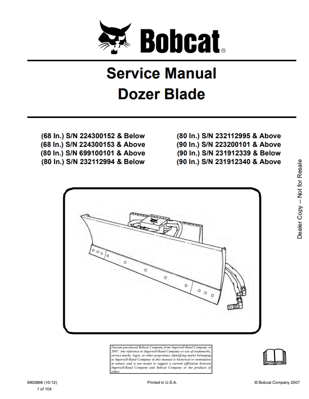 BOBCAT 68, 68, 80, 90 DOZER BLADE SERVICE MANUAL 6900896 PDF
