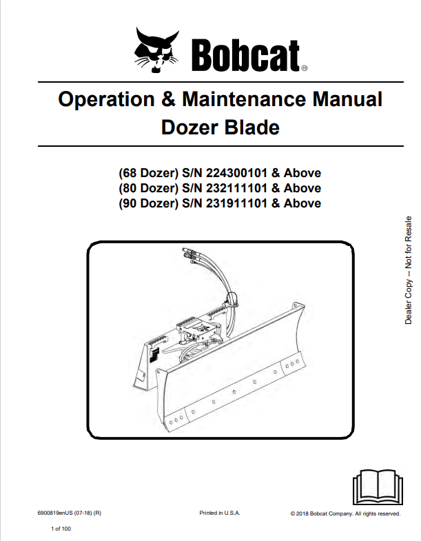 BOBCAT 68, 80, 90 DOZER BLADE OPERATION AND MAINTENANCE MANUAL 6900819 PDF