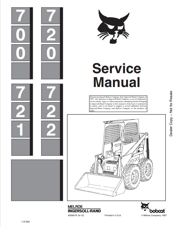 BOBCAT 700, 720, 721, 722 LOADER SERVICE MANUAL 6556619 PDF