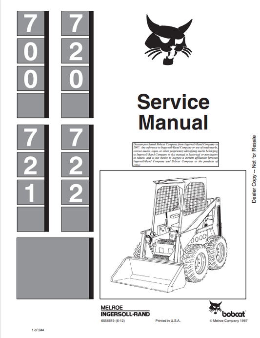 BOBCAT 700, 720, 721, 722 LOADER SERVICE MANUAL 6556619 PDF